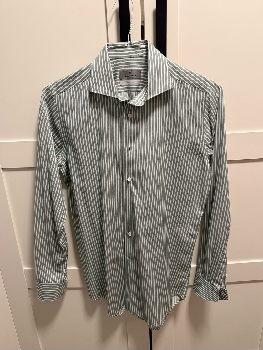 Canali “Impeccabile” Men's Green Stripe Dress Shirt Size: 38-15